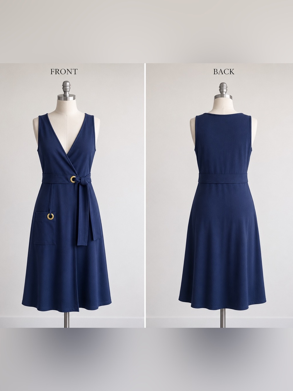 Kensie Navy Sleeveless Wrap Midi Dress with Tie Belt